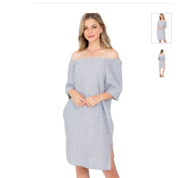 Gray Ivory Pin Stripe
Twisted Back Side
Slitted Woven Dress - Picture 1 of 2